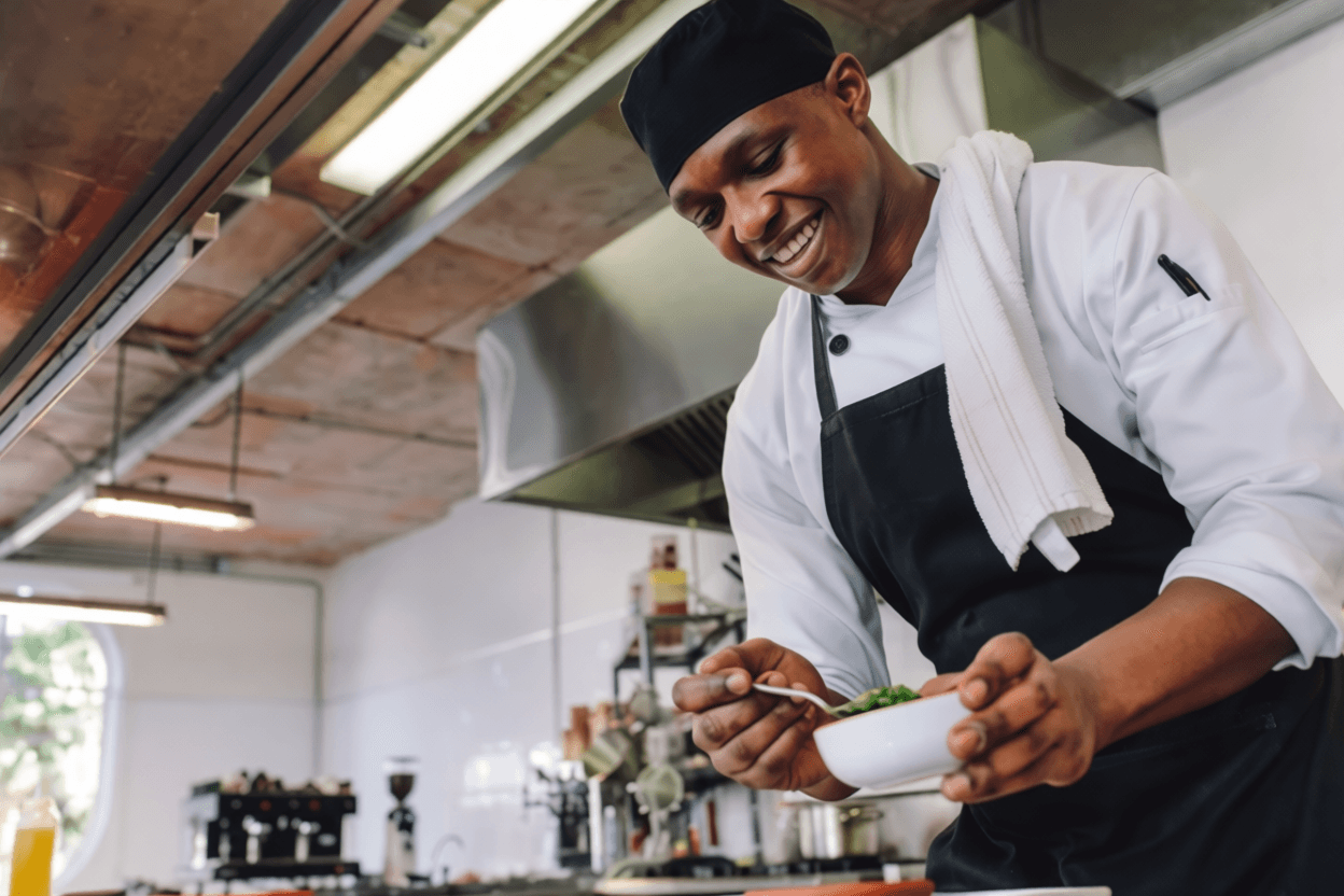 Hotel kitchen prep cook preparing ingredients for banquet service